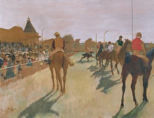 パレード、またはスタンドの前の競走馬、c.1866-68（紙に油彩） 作： Edgar Degas