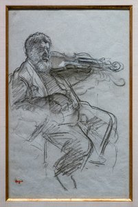 ザ・ヴァイオリニスト1879.ブルーグレーの紙に木炭と白チョークのハイライト。ボストン美術館、ウィリアム・フランシス・ウォーデン基金。 作： Edgar Degas