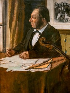 チェロ奏者ルイ＝マリー・ピレ（詳細）。1868-1869年頃油彩・キャンバス 作： Edgar Degas