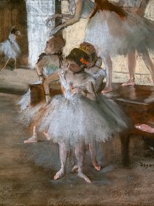 ダンス・レコン（詳細）。1876年頃紙にパステル、厚紙に糊付け。 作： Edgar Degas