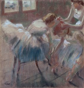 クラスの準備をしている3人のダンサー、c.1880（バフ色の織り紙にパステル） 作： Edgar Degas