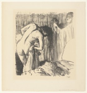 お風呂上がりに体を拭き、女性から服を渡される女性 ラ・ソーティ・デュ・ベイン 作： Edgar Degas