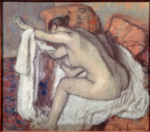 腕を拭く女性。エドガー・ドガ（1834-1917）の絵画。パステル。ブラジル、サンパウロ美術館 作： Edgar Degas