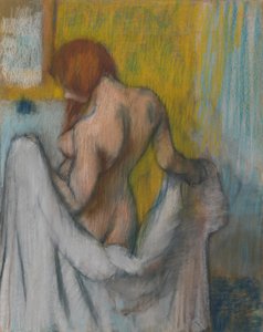 タオルを持つ女性、1894年または1898年（赤と青の繊維が入ったクリーム色の織り紙にパステル）