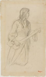 マンドリンを弾く若い女性、バレエ "ラ・ソース "のフィオクル嬢の肖像画のための習作 作： Edgar Degas