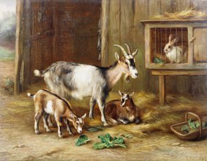 ウサギ小屋のそばのヤギ 作： Edgar Hunt