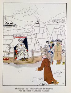 ジョルジュ・ゴワイヨ（1869-1939）1933年（カラーリトグラフ）「A la Conquete du Monde Paien」より、1251年、タルタルの酋長マングの前に立つウィリアム・ルーブルック（1200年頃-1256年）。