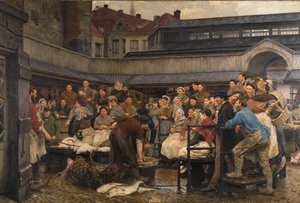 1882年のアントワープの古い魚市場（キャンバスに油彩） 作： Edgard Farasyn