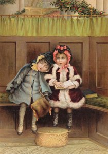 クリスマスの朝に教会で 2 人の女の子 (chromolitho) 作： Edith S. Berkeley