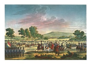 1807年6月28日、ティルシットで2人の皇帝の存在下で操縦する帝国警備隊、c1850 作： Edme Bovinet