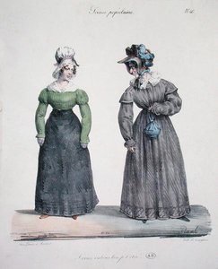 嫉妬に燃える女主人と使用人の風刺画、「大衆の情景」シリーズのプレート番号40、1820年頃、ラングリュムの刻印（カラーリトグラフ） 作： Edme Jean (after) Pigal