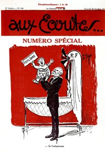 フランスの新聞 Aux Ecoutes の 1 面に、1929 年の予算を表す赤ちゃんが描かれています (フランス共和国)。 作： Edmond (1861 1943) Tapissier