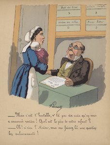 役所で赤ちゃんを登録する母親（カラーリトグラフ 作： Edmond Lavrate