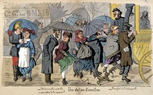 雨の中のオムニバスステーション - ラヴレートによるユーモラスなドローイング、1880年頃 作： Edmond Lavrate