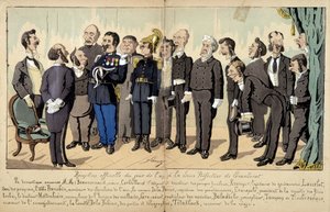 ラヴラートによるフランス社会を描いた漫画：公的なレセプションに出席する公務員や行政機関のさまざまな人物たち。1880 作： Edmond Lavrate