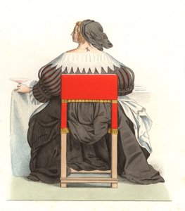 フランス人女性 17世紀、アブラハム・ボッセ（1602-1676）のエングレーヴィングより - エドモンド・ルシュヴァリエ・シュヴィニャール（1825-1902）のイラストをリトグラフ化したもので、「Costumes historiques des 16th」より。 作： Edmond Lechevallier Chevignard
