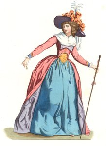 18世紀のファッションに身を包んだフランス人女性 - Edmond Lechevallier-Chevignard (1825-1902)のイラストをもとにしたリトグラフ（「Costumes historiques des 16th」より 作： Edmond Lechevallier Chevignard