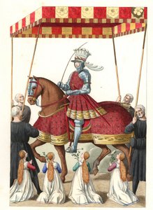 フランス王ルイ12世（1462-1515）、ジャン・マロ（またはデスマレ、1450年頃-1526年頃）の細密画に基づく - Edmond Lechevallier-Chevignard（1825-1902）のイラストをリトグラフ化したもので、「16世紀の歴史的衣装」より。 作： Edmond Lechevallier Chevignard
