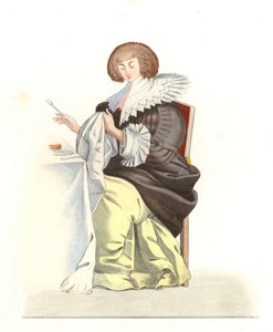 16世紀のフランス貴族の女性、アブラハム・ボッセ（1602-1676）のエングレーヴィングの後 - Edmond Lechevallier-Chevignard（1825-1902）のイラストからのリトグラフ、「Costumes historiques des 16th」より。 作： Edmond Lechevallier Chevignard