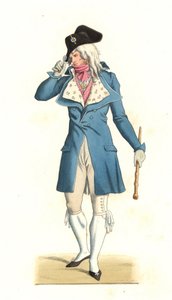 Carle Vernet（1758-1836）の絵画の後に描かれた、18世紀のインクレディブルのファッションで生まれた若いフランス人男性 - Edmond Lechevallier-Chevignard（1825-1902）によるイラストからのリトグラフ、「Costumes historiques des 16e」より。 作： Edmond Lechevallier Chevignard