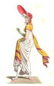 カルル・ヴェルネ（1758-1836）の絵画の後に描かれた、18世紀の素晴らしい時代のファッションに身を包んだ若いフランス人女性 - 「Costumes historiques des 16th」に掲載されたエドモン・ルシュヴァリエ＝シュヴィニャール（1825-1902）のイラストをもとにしたリトグラフ。 作： Edmond Lechevallier Chevignard