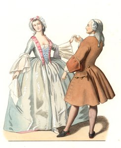 ピエトロ・ロンギ（1701-1785）の絵画に基づく、18世紀イタリアのダンス・レコン（踊りの師匠と若いヴェネツィア人） - 「16世紀の歴史的衣装」から抜粋したエドモン・ルシュヴァリエ＝シュヴィニャール（1825-1902）のイラストに基づくリトグラフ。 作： Edmond Lechevallier Chevignard