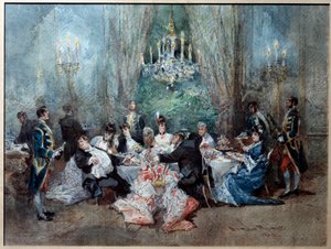 食事のシーン。アンリ（アンリ）・メイラック（1830-1897）とリュドヴィク・ハレヴィ（1834-1908）による『レヴェイヨン』第2幕第10場の挿絵（王宮にて 作： Edmond Morin