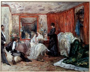 ジャック・オッフェンバック（1819-1890）の愛人である演劇コメディアン、オルタンス・シュナイダー（1833-1920）は、ヴァリエーション劇場の楽屋で左に写っている。エドモン・モラン（1824-1882）による水彩画 1873年 コンピエーニュ、城郭博物館