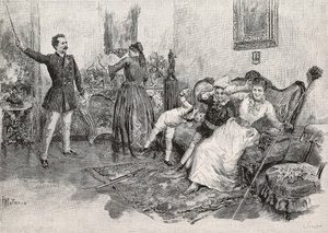 2 人の女性と 2 人の子供が脅迫的な男に怖がっており、Edoardo Matania のイラストから、Edmondo De Amicis (1846-1908) によるイタリアの軍事生活、L