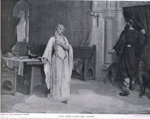 レディゴディバとアールレオフリック、「ハッチンソンの国家の歴史」、1910年頃のイラスト 作： Edmund Blair Leighton