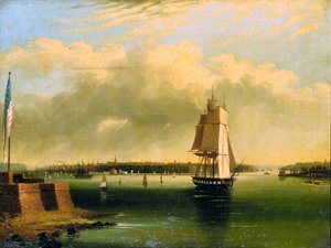 ベドロウ島からのニューヨーク湾と港、1850-60。 作： Edmund Coates