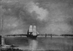 1864 年または 1866 年にベドロウ島から撮影されたニューヨークの湾と港。 作： Edmund Coates