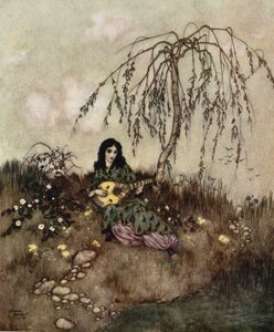シンデレラ』（1910年頃）より「仕事を終えた後、彼女は歌い、遊んだ」。 作： Edmund Dulac