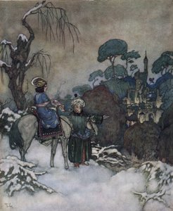 美女と野獣：ベテの捕虜となった父を解放するため、身代わりになることに同意したベルが城へ向かう（1910年頃）（リトグラフ 作： Edmund Dulac