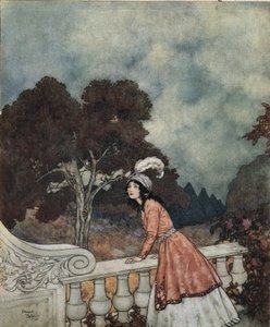 青髭：塔から兄弟が見えるか妹のアンに尋ねる青髭の若い妻ファティマ 1910年頃（リトグラフ） 作： Edmund Dulac