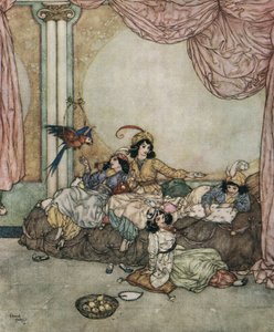 青い髭夫が旅行に出かけている間、友人たちを家に招待する青髭の若妻ファティマ 1910年頃（リトグラフ）
