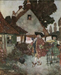 シンデレラ（シンデレラ）：大臣、ベールの靴をなくした少女を王国のすべての小屋や家で探す 1910年頃（リトグラフ） 作： Edmund Dulac