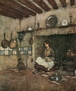 シンデレラ：煙突の灰の中に座る若いシンデレラ 1910年頃（リトグラフ）