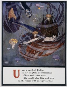 U（ウンディーネ）の文字、海中の人魚、1908年頃（ドローイング） 作： Edmund Dulac