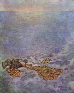 人魚姫』より抜粋）彼女は、死によってすでに薄暗くなった目で王子を見つめ、それから海に飛び込んで落下し、体は泡となって溶けていった。 作： Edmund Dulac