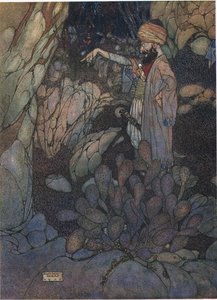 アリババと40人の盗賊」の挿絵「開けゴマ」（カラーリトグラフ） 作： Edmund Dulac