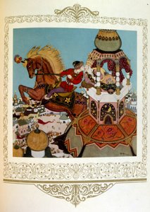 塔の中で美しい王女にキスをする王子。デュラック作「ロシア」。 作： Edmund Dulac