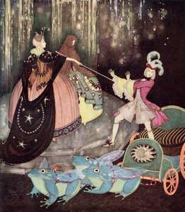 「王子は大きな翼を持った3匹の大きなカエルに引かれた馬車に乗った。トルイトンヌは不思議なことに小さな扉から出てきた」、フランス童話『青い鳥』の挿絵：エドマンド・デュラックの童話集『連合国の童話』191年より。 作： Edmund Dulac