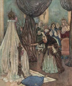 眠れる森の美女：王女のベビーベッドに寄りかかり、呪いをかける老女 1910年頃（リトグラフ） 作： Edmund Dulac