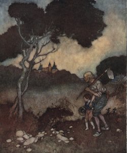 眠れる森の美女：王女の城の塔が木々の上に現れる。 作： Edmund Dulac