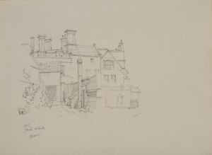 ニューカレッジのワーデンの納屋の後ろの庭のスケッチ、背景に下宿 作： Edmund Hort New