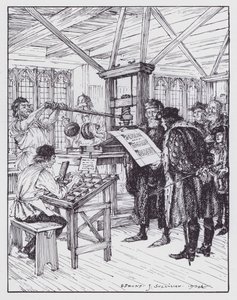 ウィリアム・カクストンの印刷所での様子（リトグラフ 作： Edmund Joseph (after) Sullivan
