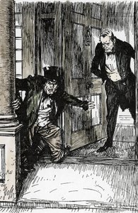 Dr Lanyon abre a porta e descobre Mr Hyde vetus de roupas muito grandes, Ilustração de Edmund Joseph Sullivan (1869-1933) para o romance L