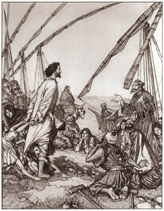 イエスは問いかける。私の隣人は誰ですか？(リトグラフ) 作： Edmund Joseph Sullivan