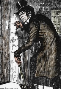 Mr Hyde volta para casa após uma noite de aventuras para tomar o antídoto e retomar a aparência do Dr. Jekyll, Ilustração de Edmund Joseph Sullivan (1869-1933) para o romance L